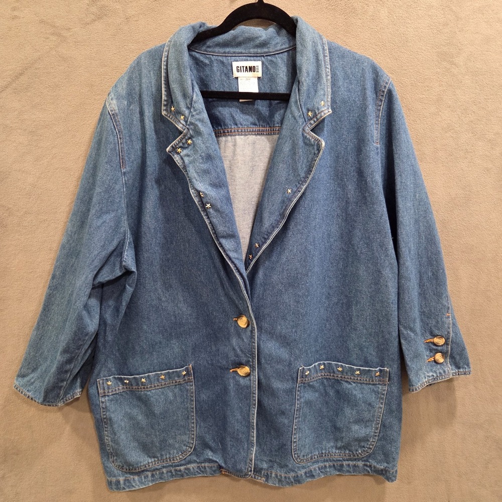 VTG Gitano Denim Jacket Women's Size 20W 80's Embellished Stars‎ Pockets Retro